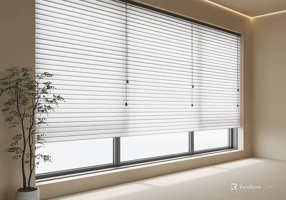 White Venetian Blinds On Window In Modern Minimalist Room With Natural Light And Green Plant 3d model 