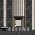 Modern Lobby Reception Desk With Marble Walls And Floor To Ceiling Windows