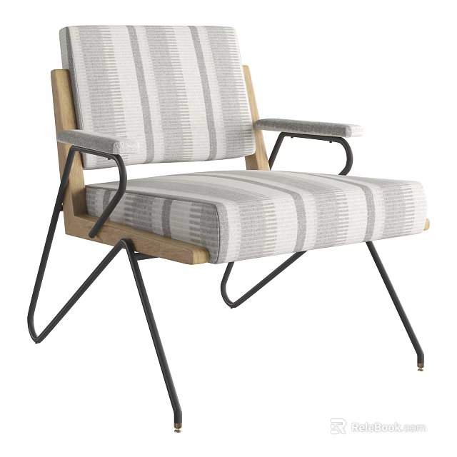 Modern Leisure Chair With Wooden Frame Striped Fabric And Black Metal Legs 3d model 