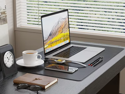 Open Laptop on Desk by Window with Coffee Cup Clock Notebook Glasses Pens and Smartphone 3d model