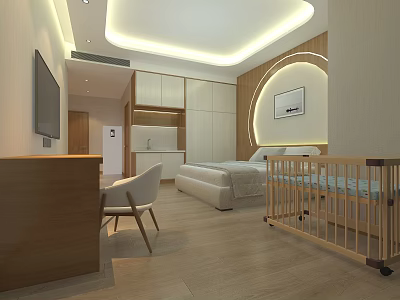 Modern Bedroom Interior With Large Bed Baby Crib TV And Wooden Floor 3d model