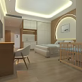 Modern Bedroom Interior With Large Bed Baby Crib TV And Wooden Floor