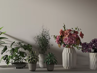 Diverse Bonsai Potted Plants In Ceramic Pots With Green Foliage And Colorful Blooms 3d model