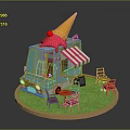 Ice Cream Truck Setup With Blue Exterior Orange Cone Pink Ice Cream Red Tables Chairs