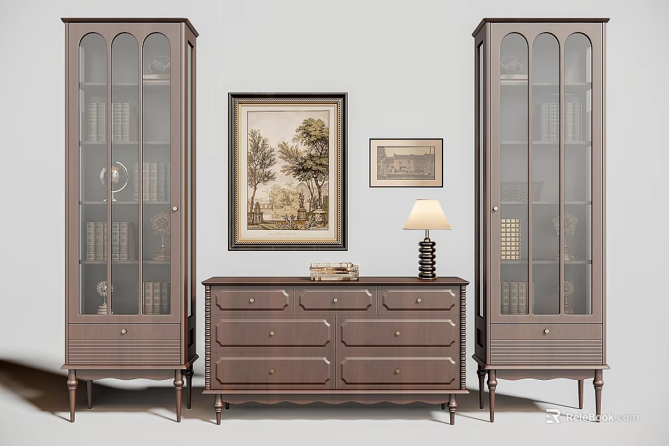 Elegant Wooden Bookcases With Glass Doors Dresser Table Lamp And Framed Wall Paintings 3d model 