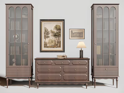 Elegant Wooden Bookcases With Glass Doors Dresser Table Lamp And Framed Wall Paintings 3d model