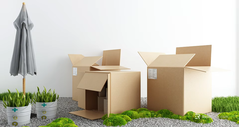 Open Cardboard Boxes with Green Plants and Gravel on Floor 3d model 
