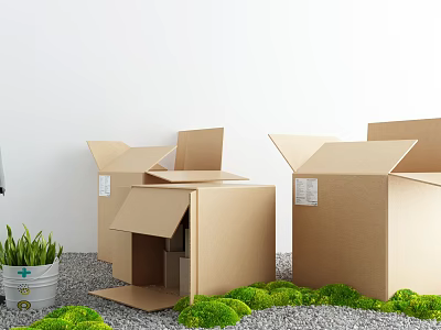 Open Cardboard Boxes with Green Plants and Gravel on Floor 3d model