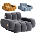 Modern Modular Single Sofa in Orange Blue Gray with Rounded Lines and Metal Button Details