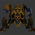 Elaborate Mechanical Creature Design With Golden Blue Accents Weapon Like Appendages And Multi Legged Structure