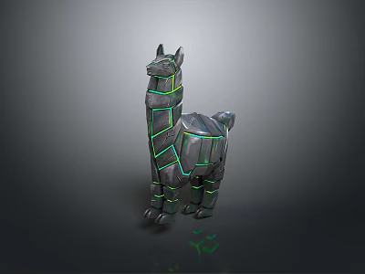 Futuristic Cyberpunk Llama Character With Neon Green Lines And Metallic Gray Texture 3d model