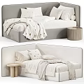 Modern Soft Beige Upholstered Kids Bed With Cozy Star Patterned Bedding And Light Wooden Nightstands