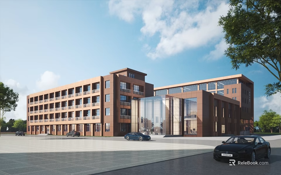 Modern Office Building With Brown Exterior Large Glass Windows Parking Cars Trees And Blue Sky 3d model 