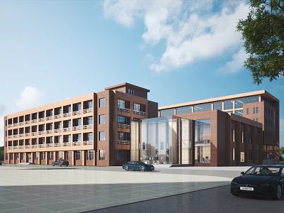 Modern Office Building With Brown Exterior Large Glass Windows Parking Cars Trees And Blue Sky 3d model