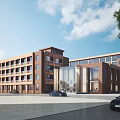 Modern Office Building With Brown Exterior Large Glass Windows Parking Cars Trees And Blue Sky
