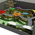 Kindergarten Outdoor Playground With Colorful Geometric Shapes And Children Playing On Multi Level Wooden Slide