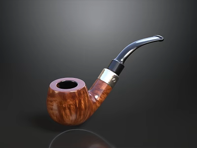 Brown Wooden Smoking Pipe With Silver Metal Mouthpiece On Black Background 3d model