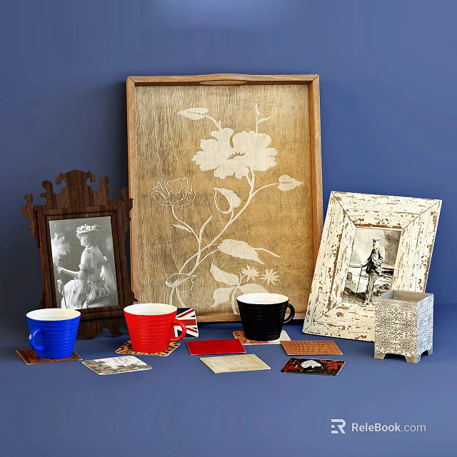 Vintage Decorative Ornament Set with Wooden Frames Floral Pattern Mugs Coasters Postcards and Box 3d model 