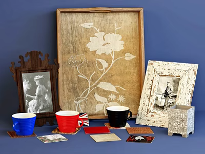 Vintage Decorative Ornament Set with Wooden Frames Floral Pattern Mugs Coasters Postcards and Box 3d model