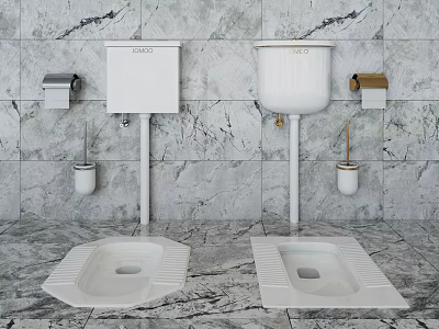 Two White Squat Toilets With Marble Wall Background Toilet Paper Holders And Cleaning Buckets 3d model