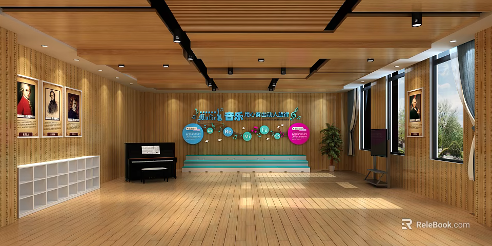 School Music Classroom With Wooden Flooring Walls Piano Greenery Windows Ceiling Beams And Pendant Lights 3d model 