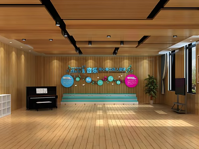 School Music Classroom With Wooden Flooring Walls Piano Greenery Windows Ceiling Beams And Pendant Lights 3d model