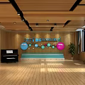 School Music Classroom With Wooden Flooring Walls Piano Greenery Windows Ceiling Beams And Pendant Lights