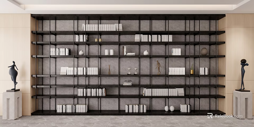 Modern Open Bookshelf Interior Design With Stacked Books Sculptures And Decorative Vases 3d model 