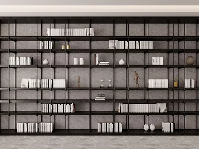 Modern Open Bookshelf Interior Design With Stacked Books Sculptures And Decorative Vases 3d model