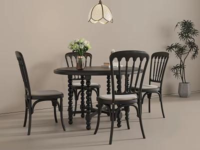 Vintage Style Black Round Dining Table With Four Comfortable Padded Chairs For Cozy Home Dining Room 3d model