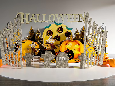 Halloween Decorative Scene With Pumpkin Lanterns Tombstones Fence And Castle Silhouettes 3d model
