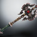 Ornate Fantasy Battle Axe With Red Gemstone Green Handle And Intricate Metal Design