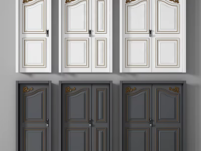 White and Dark Gray Double Doors With Smaller Leaf Gold Accents Ornate Carvings Various Styles 3d model