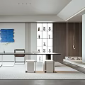 Modern Study Room Interior With Long Desk Chair White Stools Blue Painting Bookshelf And Rug