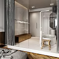 Modern Bathroom Interior With Freestanding Bathtub Large Mirror Gray Curtain And Wooden Stool