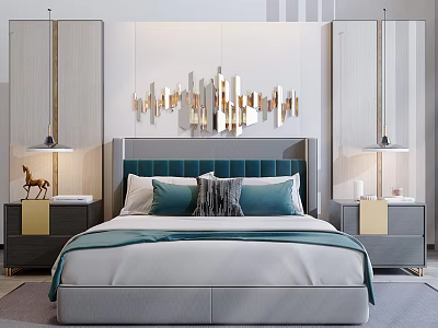 Modern Double Bed With Teal Headboard White Bedding Nightstands And Background Wall Art 3d model