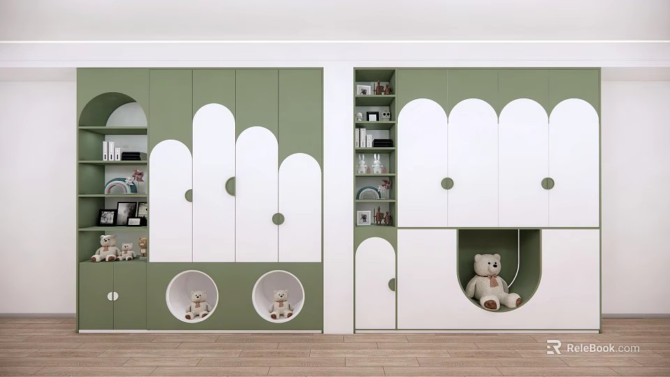 Children's Green And White Wardrobe With Cloud Shaped Doors Storage Compartments And Toys 3d model 