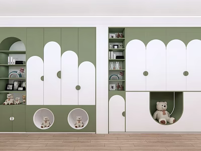 Children's Green And White Wardrobe With Cloud Shaped Doors Storage Compartments And Toys 3d model