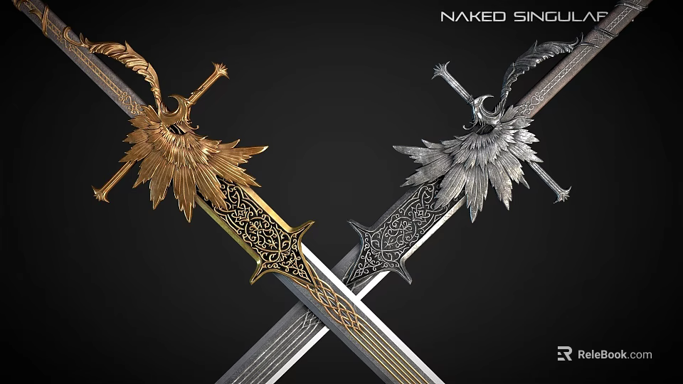 Intricate Gold And Silver Crossed Swords With Wing Decorations And Detailed Carvings 3d model 