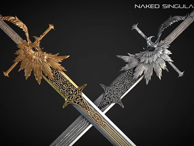 Intricate Gold And Silver Crossed Swords With Wing Decorations And Detailed Carvings 3d model