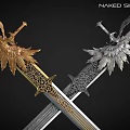 Intricate Gold And Silver Crossed Swords With Wing Decorations And Detailed Carvings 3d model