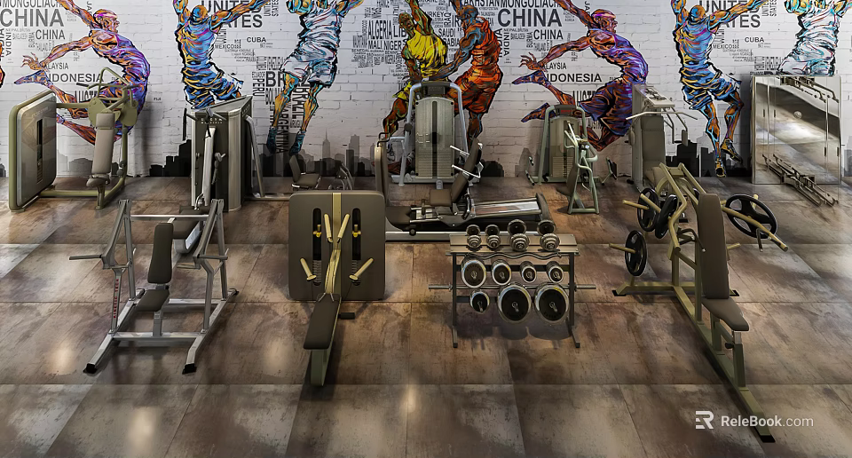 Gym Fitness Equipment With Various Exercise Machines Colorful Murals And Wooden Flooring 3d model 