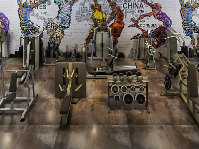 Gym Fitness Equipment With Various Exercise Machines Colorful Murals And Wooden Flooring 3d model