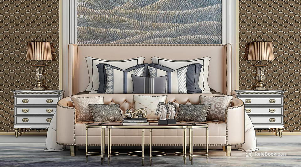 Elegant Modern Background Double Bed With Upholstered Headboard Patterned Pillows Wavy Artwork And Gold Lamps 3d model 