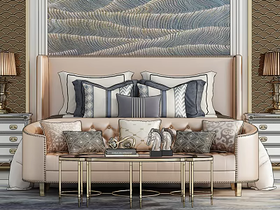 Elegant Modern Background Double Bed With Upholstered Headboard Patterned Pillows Wavy Artwork And Gold Lamps 3d model