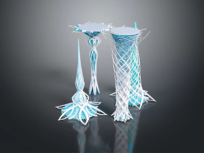 Futuristic Architectural Structures With Unique Spiral Mesh Design And White Blue Petal Like Bases 3d model