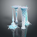 Futuristic Architectural Structures With Unique Spiral Mesh Design And White Blue Petal Like Bases