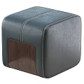 Green Blue And Beige Leather Ottoman With Stitched Details And Wooden Base 3d model