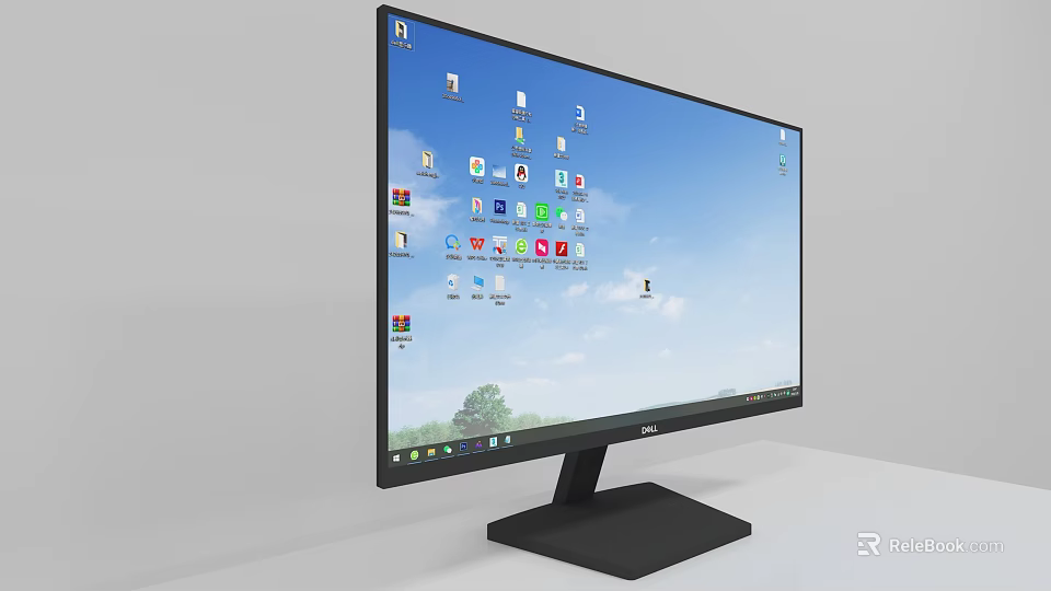 Flat Screen Computer Monitor Showing Desktop With Various App Icons And Blue Sky Background 3d model 