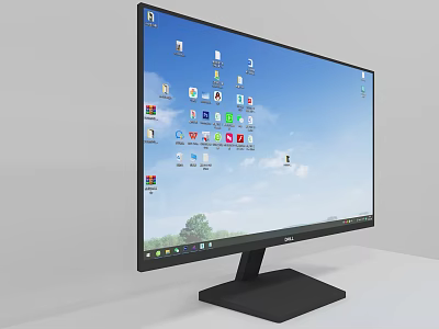 Flat Screen Computer Monitor Showing Desktop With Various App Icons And Blue Sky Background 3d model